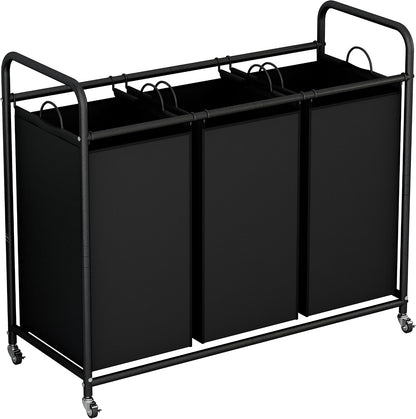 LINZINAR 3-Bag Laundry Hamper, Black Laundry Basket, 35.6 Gal(135 L) Laundry Sorter Cart Laundry Room Organization with Heavy Duty Rolling Lockable Wheels and Removable Bags