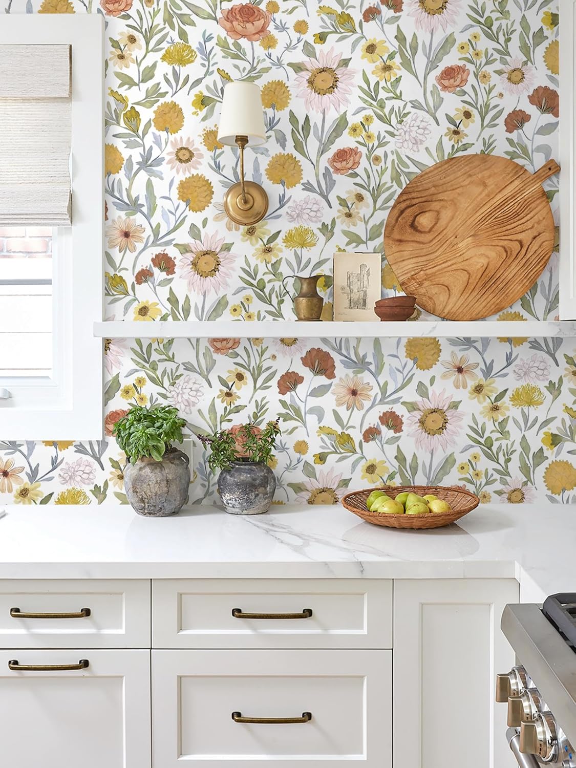 Dimoon 17.3''x78.7'' Peel and Stick Wallpaper Floral Cute Contact Paper Vintage Village Country Cottage Wallpaper Farmhouse Yellow Beige Renter Friendly Geometry Waterproof Embossed Kitchen Bedroom