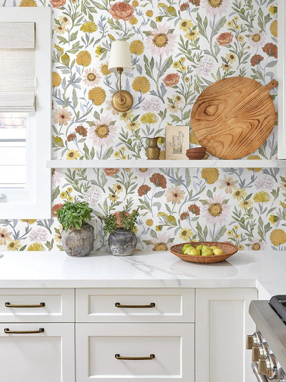 Dimoon 17.3''x78.7'' Peel and Stick Wallpaper Floral Cute Contact Paper Vintage Village Country Cottage Wallpaper Farmhouse Yellow Beige Renter Friendly Geometry Waterproof Embossed Kitchen Bedroom