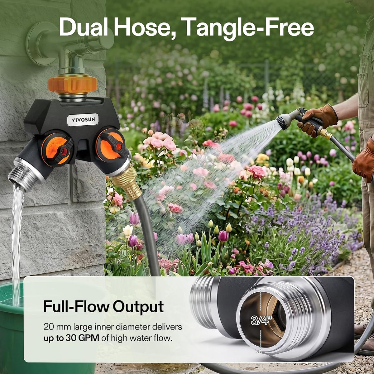 VIVOSUN Garden Hose Splitter 2 Way Heavy Duty, Upgraded Highly Durable Dual Water Hose Connector, Faucet Adapter with Comfortable Rubberized Grip for Drip Irrigation, Lawns