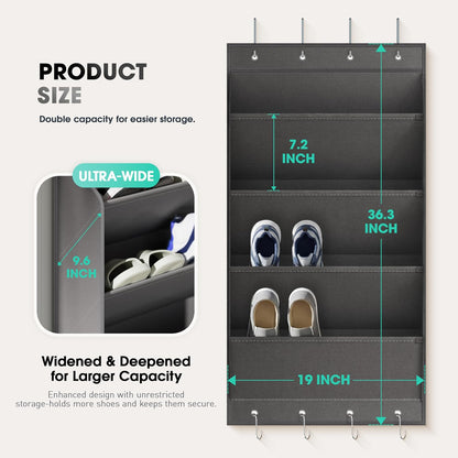 WVM Over the Door Shoe Organizer with 35 Breathable Mesh Pockets, Hanging Shoe Organizer for Door with 4 Metal Hooks, Large Capacity Closet Storage for Shoes, Accessories, Grey