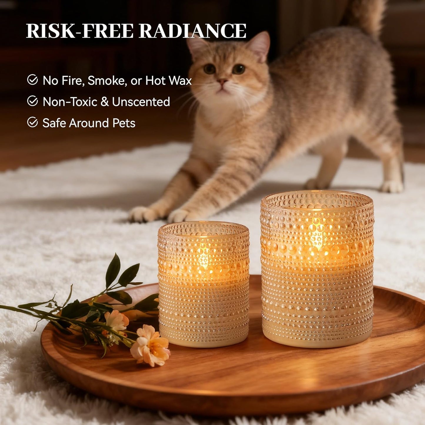 Dotted Glass Flameless Candles with Remote Timer, Real Wax Battery Operated LED Pillar Candles with 3D Flickering Flame for Festival Wedding Home Party Decor, 3" x 4", 4" x 5", Set of 2 (White)