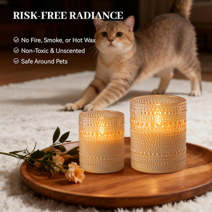 Dotted Glass Flameless Candles with Remote Timer, Real Wax Battery Operated LED Pillar Candles with 3D Flickering Flame for Festival Wedding Home Party Decor, 3" x 4", 4" x 5", Set of 2 (White)