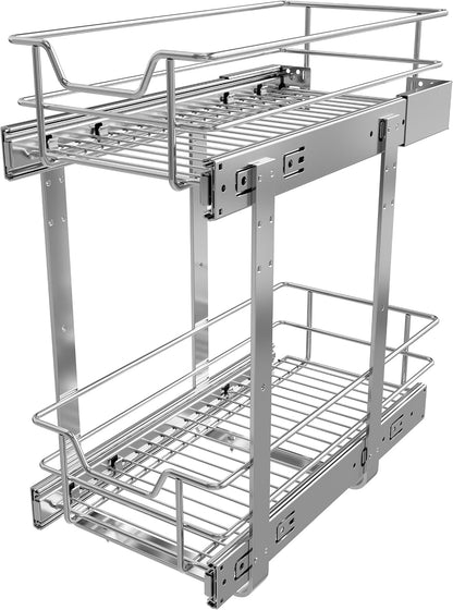 2 Tier Pull Out Cabinet Organizer 11" W X 22" D, Slide Out Drawers For Kitchen Cabinets, Pull Out Drawers For Cabinets Capacity Heavy Duty Caddy, Cabinet Pullout Shelves Chrome-Plated, Bathroom Pantry