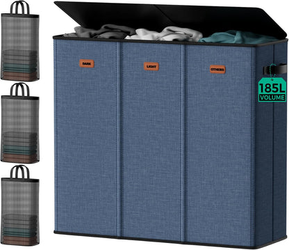 185L Laundry Hamper 3 Section with Lid & Removable Bags | Collapsible laundry basket organizer for laundry room, bedroom & dorm with 3 removable washing bags