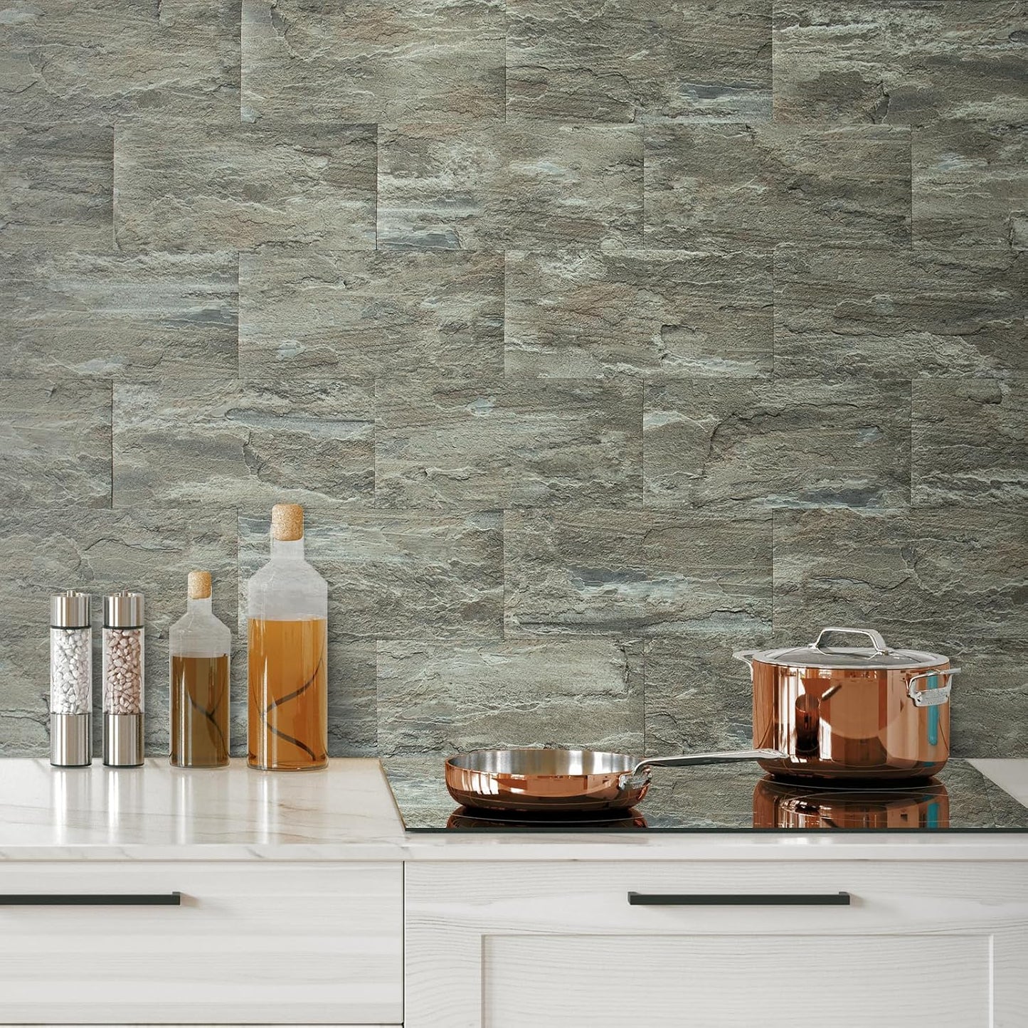 AULIGET 6" x 12" Black Slate Peel and Stick Backsplash Wall Tiles, PVC Faux Stone Stick on Tiles for Backsplash Kitchen, Bathroom, Laundry Room, Camper, Fireplace (Pack of 20)