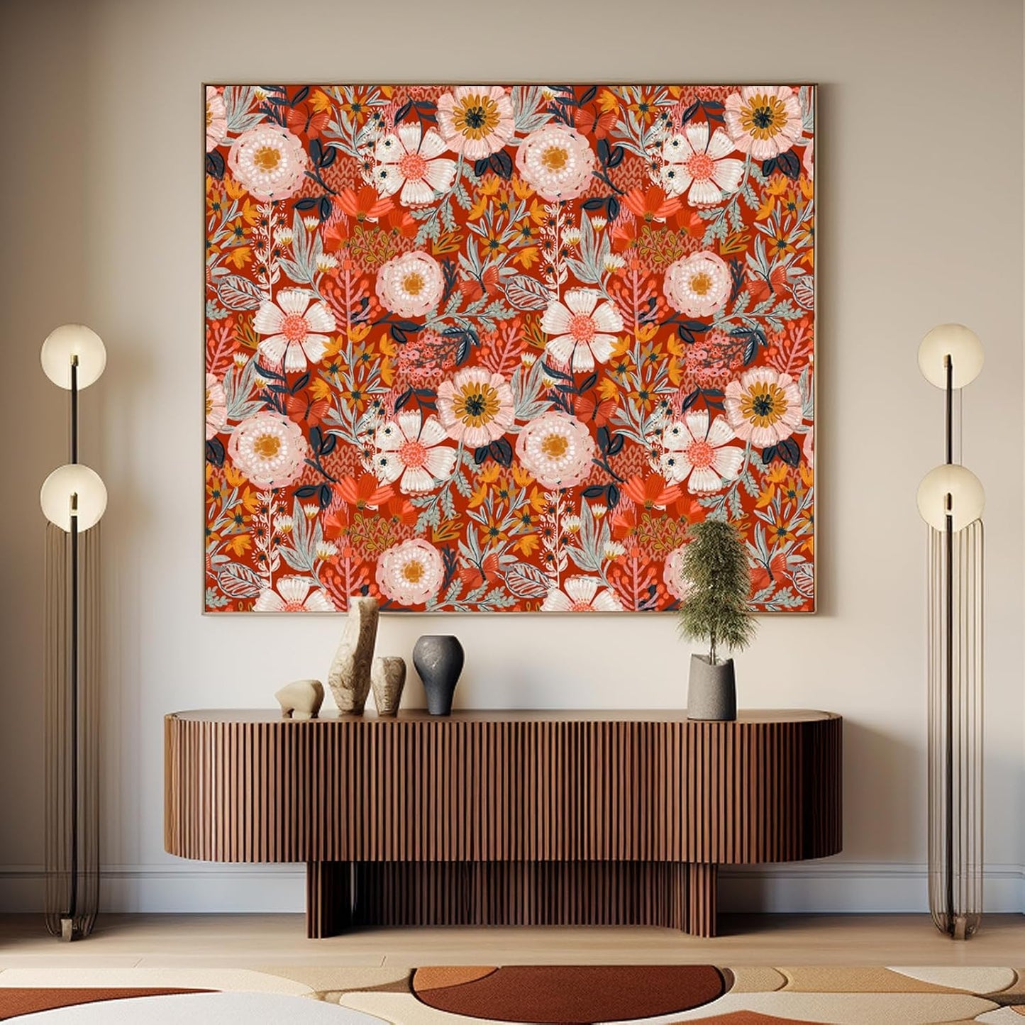 HAOKHOME Boho Peel and Stick Wallpaper Floral Wall Paper Removable for Bedroom Navy/Pink/Orange Contact Paper 17.7in x 9.8ft