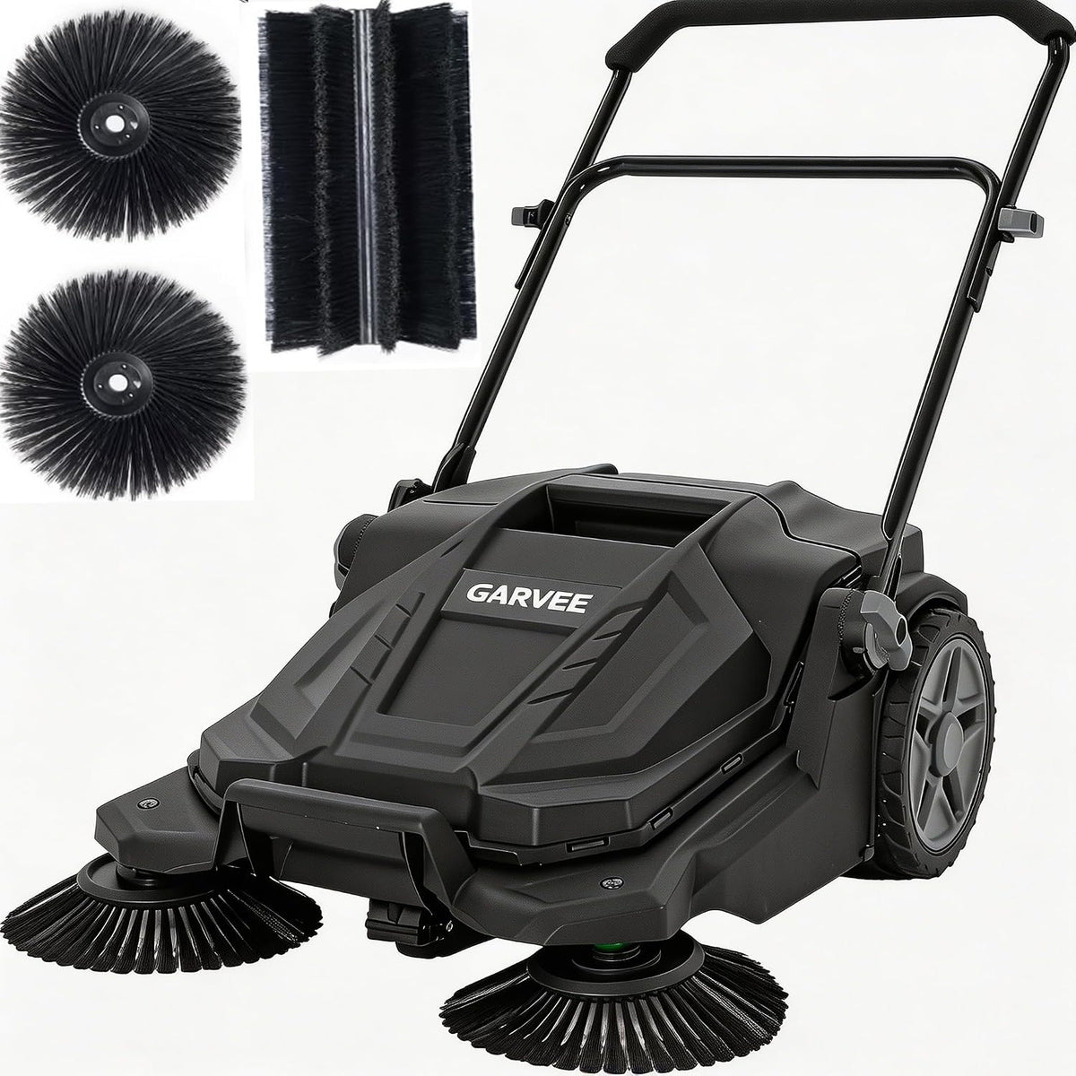 Walk-Behind Outdoor Hand Push Floor Sweeper, 25.6 Inch Wide Manual Non-Electric Sweeper with 5.25 Gallon Waste Bin, Adjustable Folding Handle Heavy Duty Yard Sweeper for Garage Patio Walkway Driveway