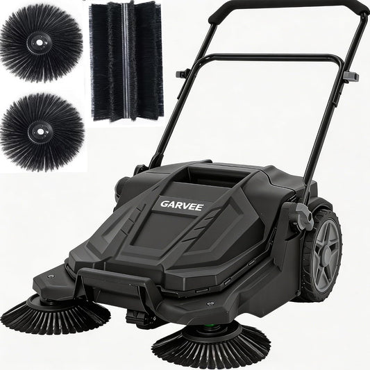Walk-Behind Outdoor Hand Push Floor Sweeper, 25.6 Inch Wide Manual Non-Electric Sweeper with 5.25 Gallon Waste Bin, Adjustable Folding Handle Heavy Duty Yard Sweeper for Garage Patio Walkway Driveway