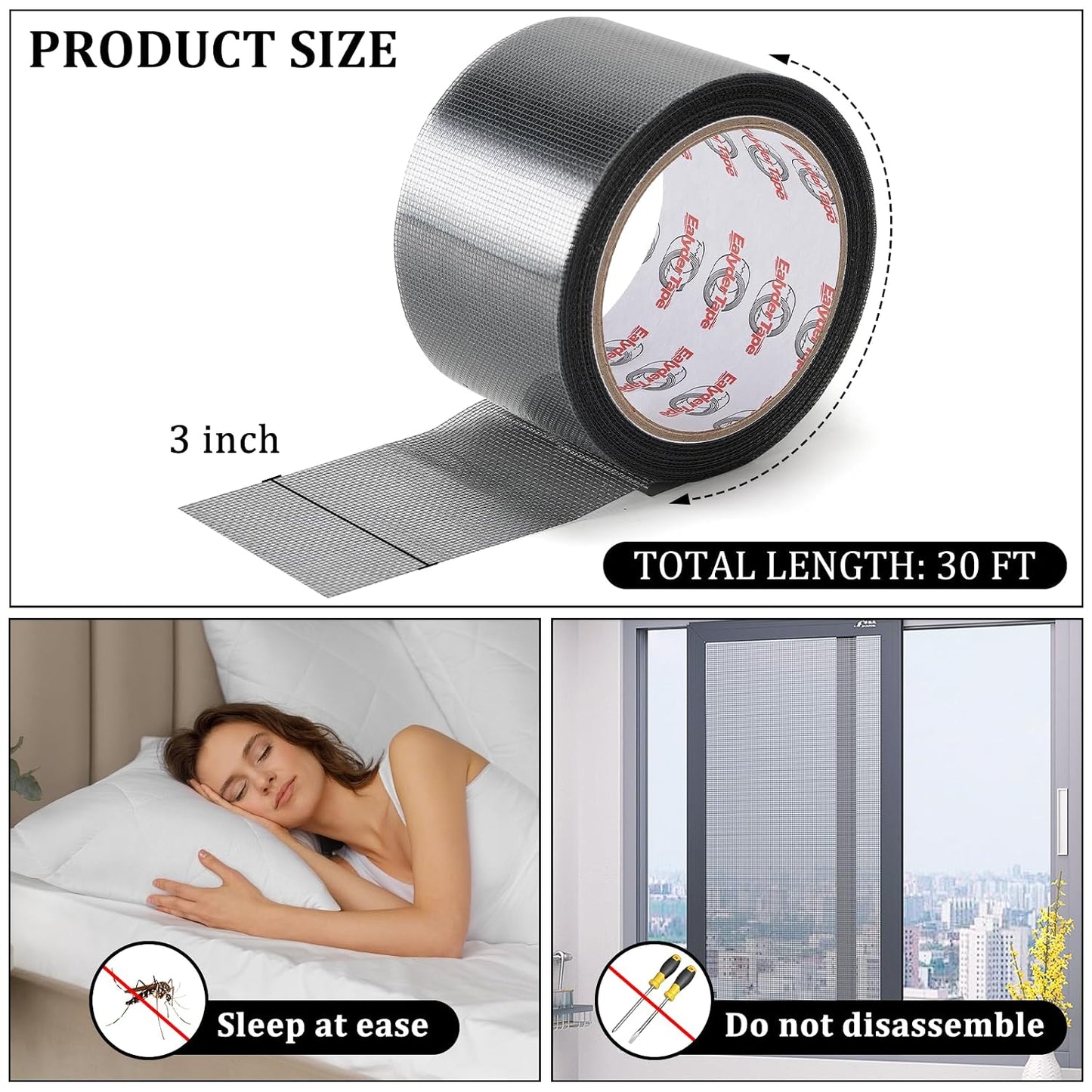 2″ X 30 FT Black Window Screen Repair Tape, Strong Adhesive Fiberglass Mesh Patch for Window & Door Screen Tears
