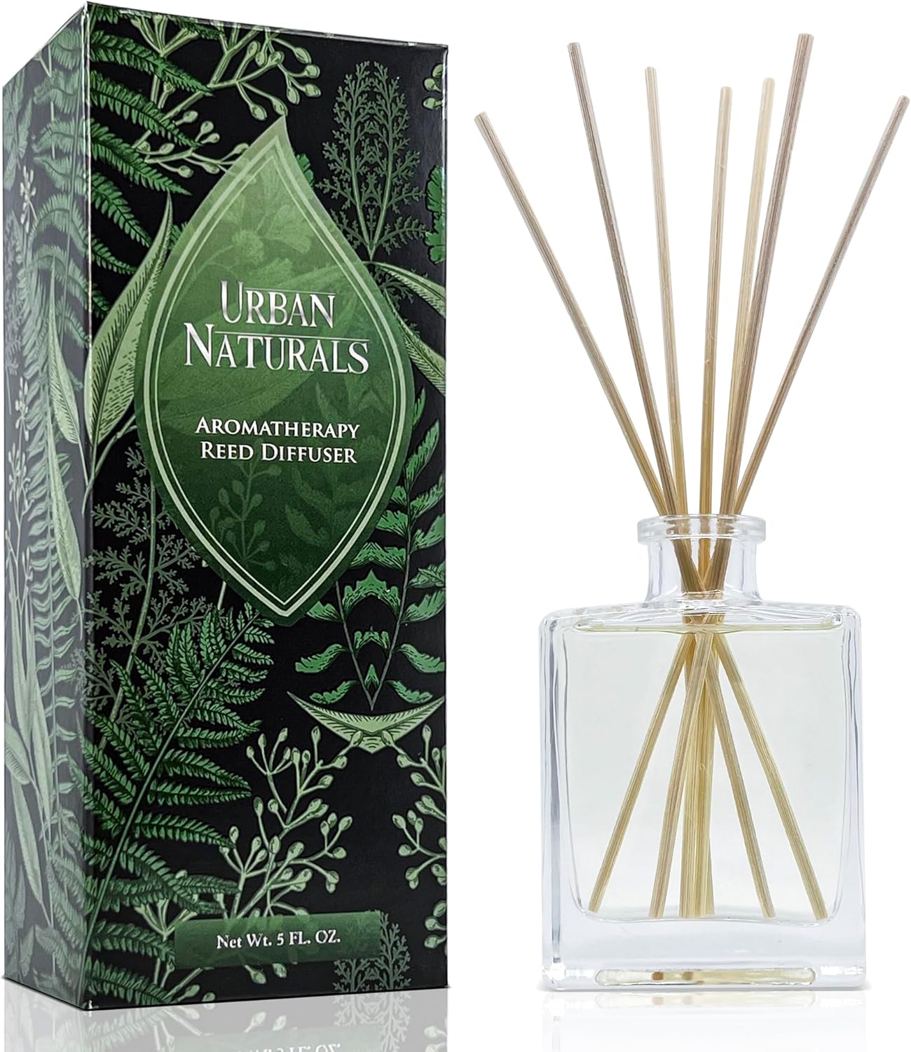 Urban Naturals Smoked Vanilla Reed Diffuser Set with Vanilla Bean, Sandalwood & Leather – 5 Ounce Sleek Black Rectangular Refillable Glass Bottle – Made in the USA