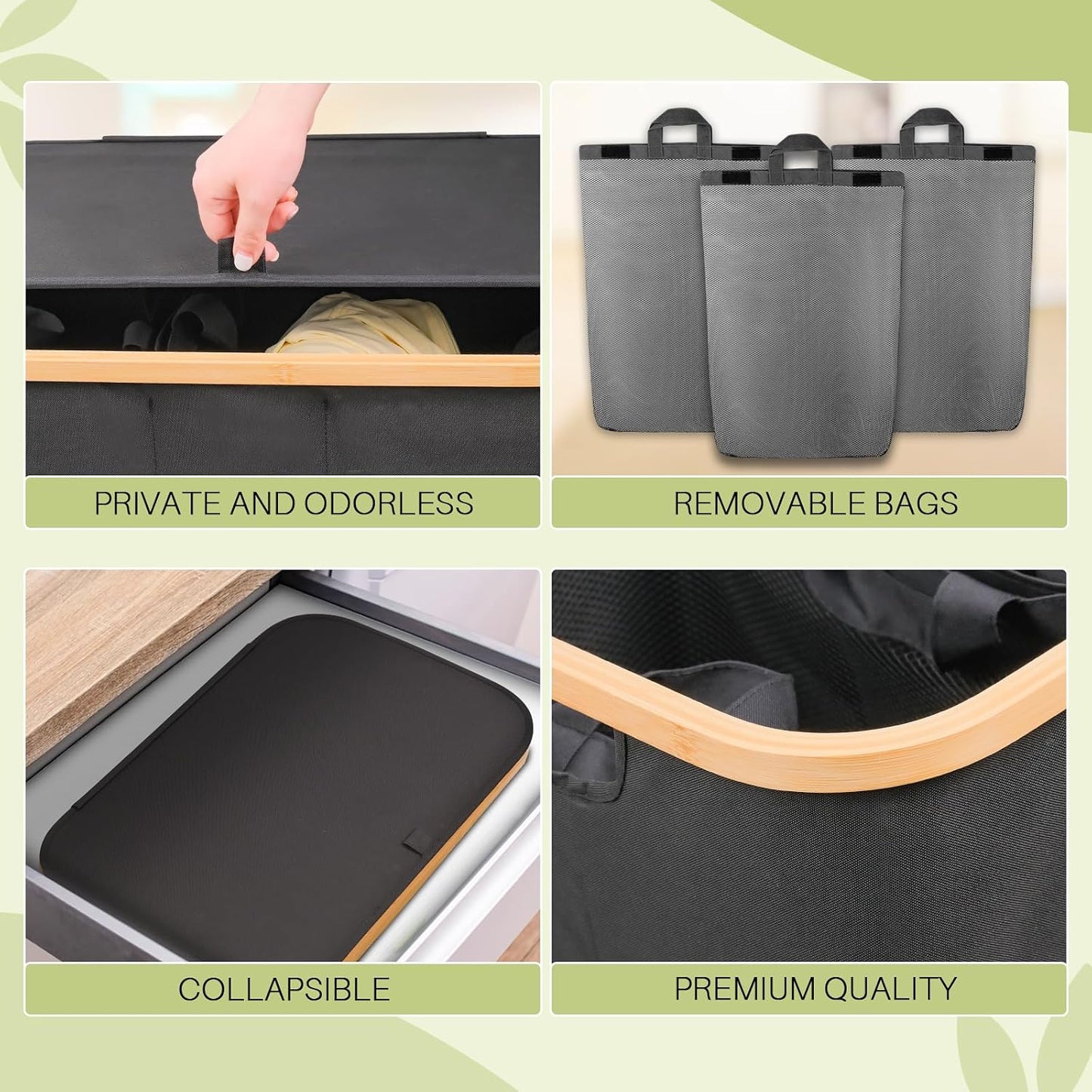 160L Laundry Hamper with Lid, 3 Section Laundry Basket with 3 Removable Bag | Clothes Hampers for Laundry with Bamboo Frame Handle, Large Dirty Clothes Hamper for Laundry Room, Bathroom, Bedroom, Black