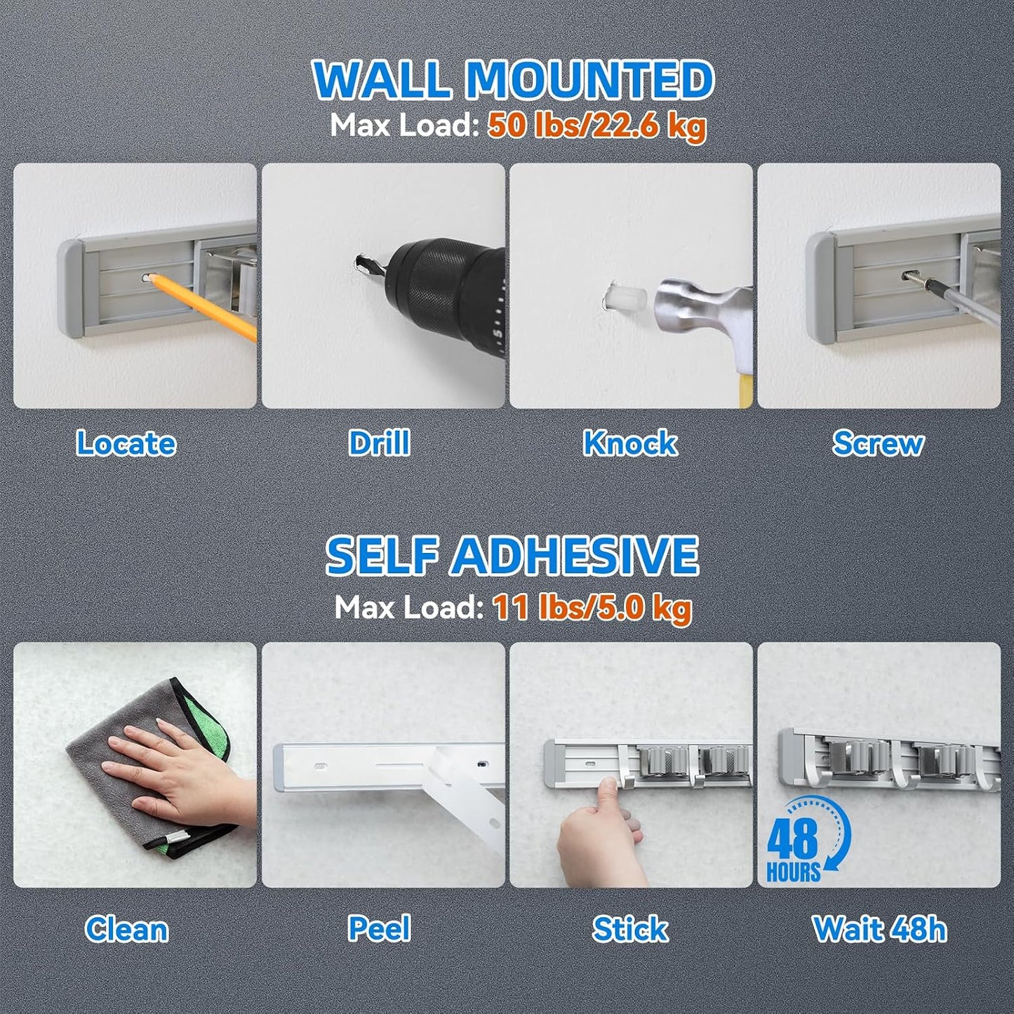 reliahom Broom Holder Wall Mount Mop Hanger Tools organizer 4Racks 5Hooks | Adjustable Mop Broom Wall Hanging Heavy duty Tools Storage Rack Space-saving for Garage,Kitchen,Laundry Room,Garden, Silver