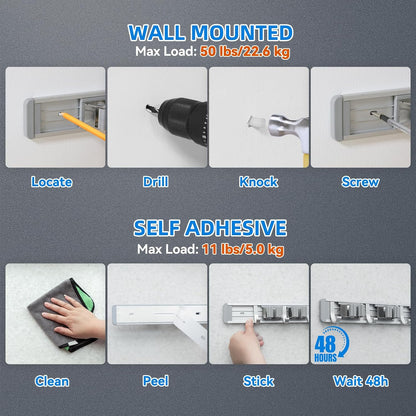 reliahom Broom Holder Wall Mount Mop Hanger Tools organizer 4Racks 5Hooks | Adjustable Mop Broom Wall Hanging Heavy duty Tools Storage Rack Space-saving for Garage,Kitchen,Laundry Room,Garden, Silver