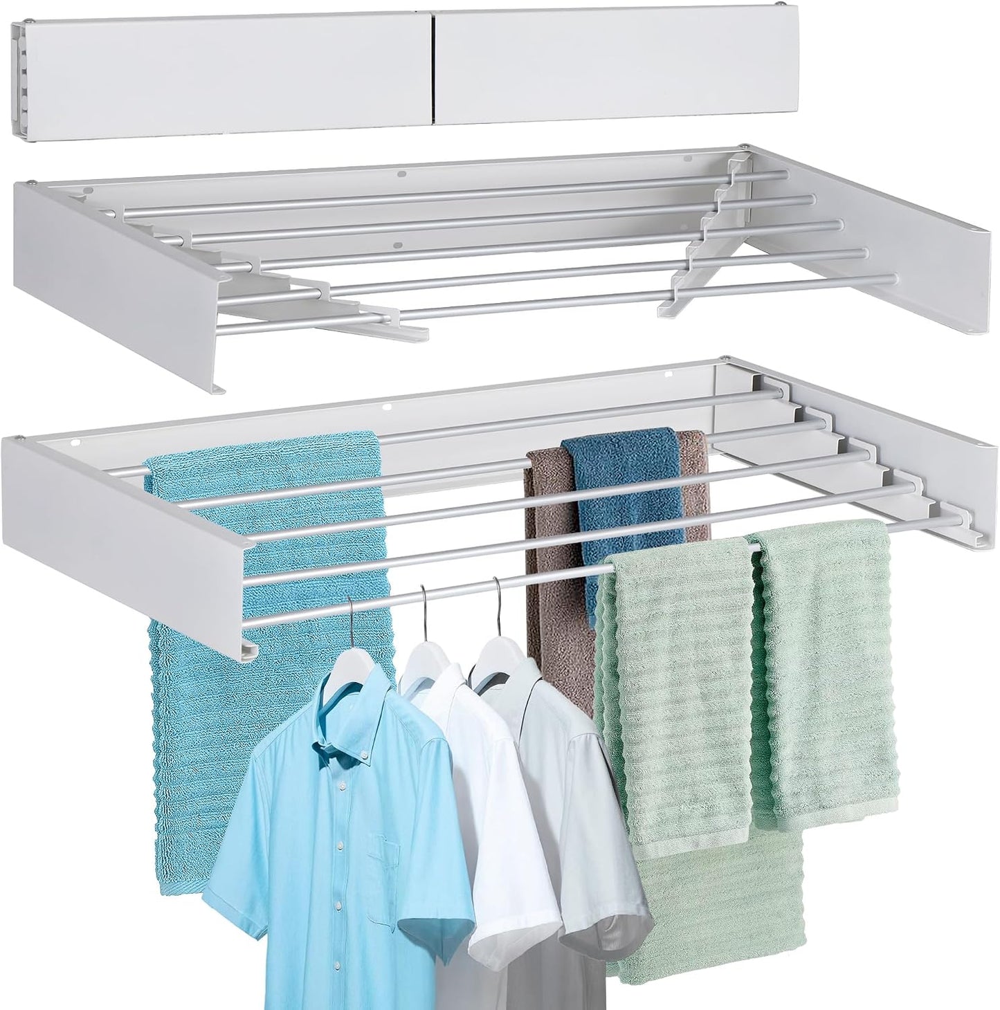 FOCHIER F Laundry Drying Rack Wall Mounted Clothes Drying Rack Collapsible with 5 Aluminum Rods and Drilling Template Long Screwdriver Bit 60 lbs Capacity (White, 31.5")