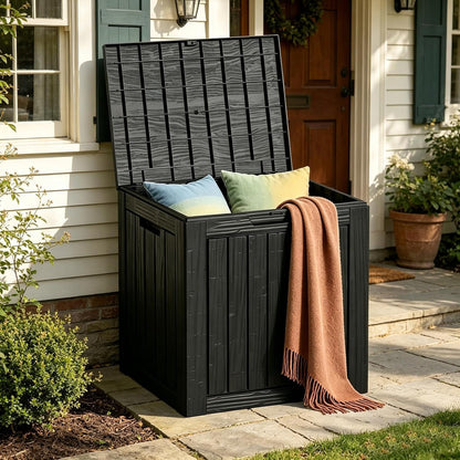 MAKINO 152 Gallon Resin Outdoor Storage Box, Waterproof Deck Box with Lockable Lid, Outside Storage Box for Patio Furniture, Pool Accessories, Garden Tools, Storage Bench for Backyard, Porch, Black