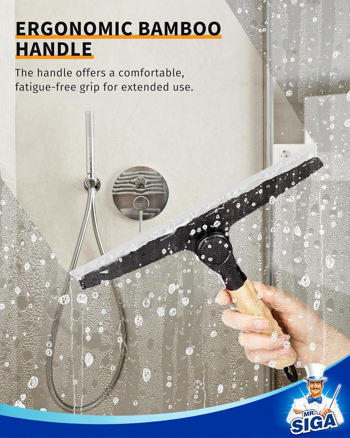 MR.SIGA All Purpose Silicone Squeegee for Shower Door, Mirror, Glass, Streak Free Shower Squeegee, Pivoting Bamboo Handle, Includes 1 Suction Hook, 10 inch Wide, 1 Pack