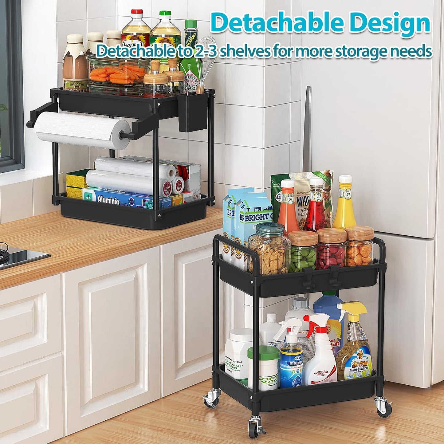 SPACEKEEPER Rolling Storage Cart, 4-Tier Bathroom Organizer Utility Cart Laundry Room Organization Mobile Shelving Unit with Towel Rack, Lockable Wheel, Hooks & Cup for Kitchen Bedroom Office, White
