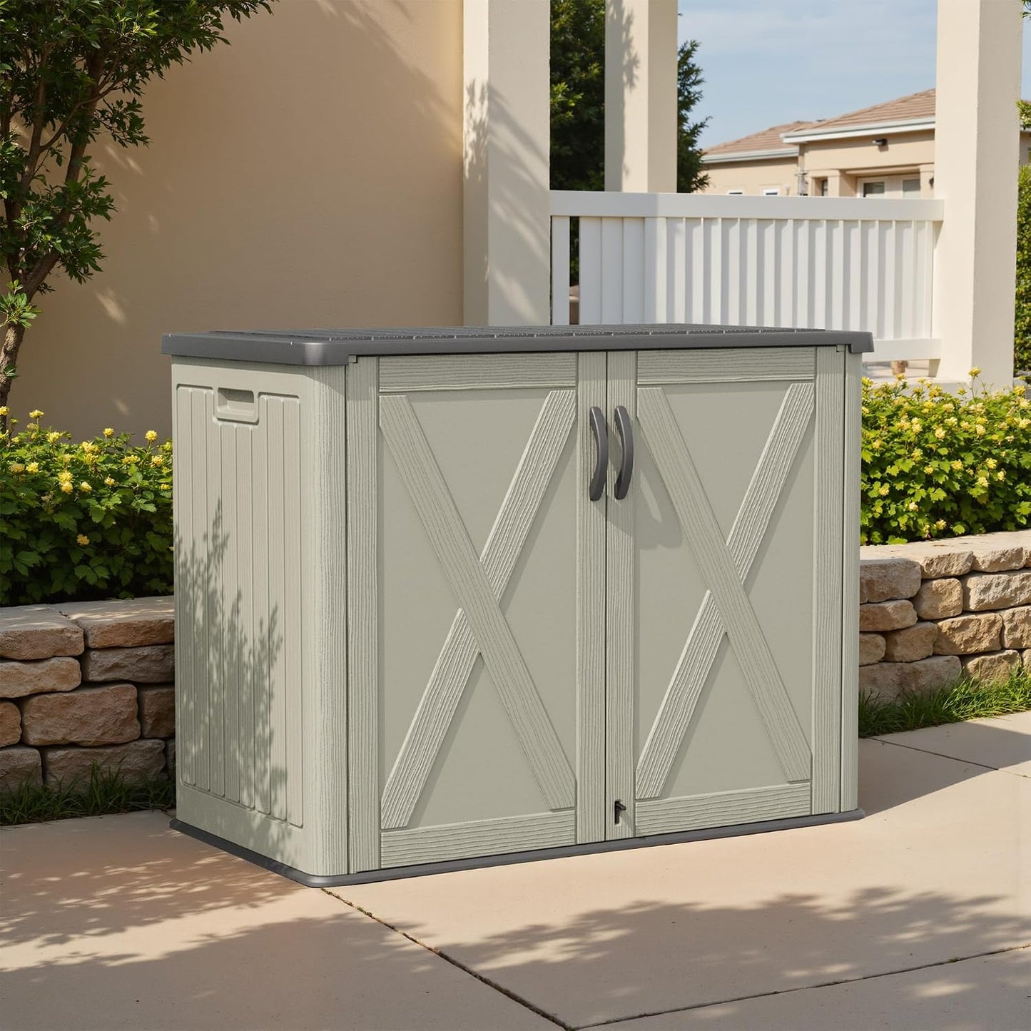 Patiowell 26 Cu.ft Outdoor Storage Cabinet with Lockable Door, Waterproof Horizontal Storage Shed for Tools and Patio Furniture, All-Weather Resin Shed Easy Assemble for Pool or Backyards, Brown