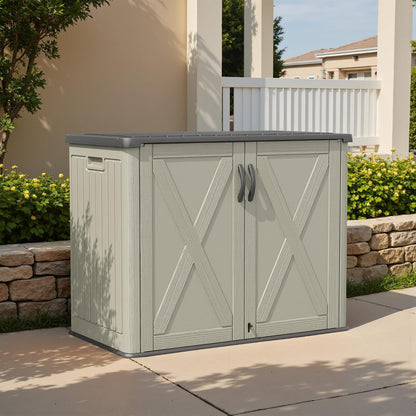 Patiowell 26 Cu.ft Outdoor Storage Cabinet with Lockable Door, Waterproof Horizontal Storage Shed for Tools and Patio Furniture, All-Weather Resin Shed Easy Assemble for Pool or Backyards, Brown