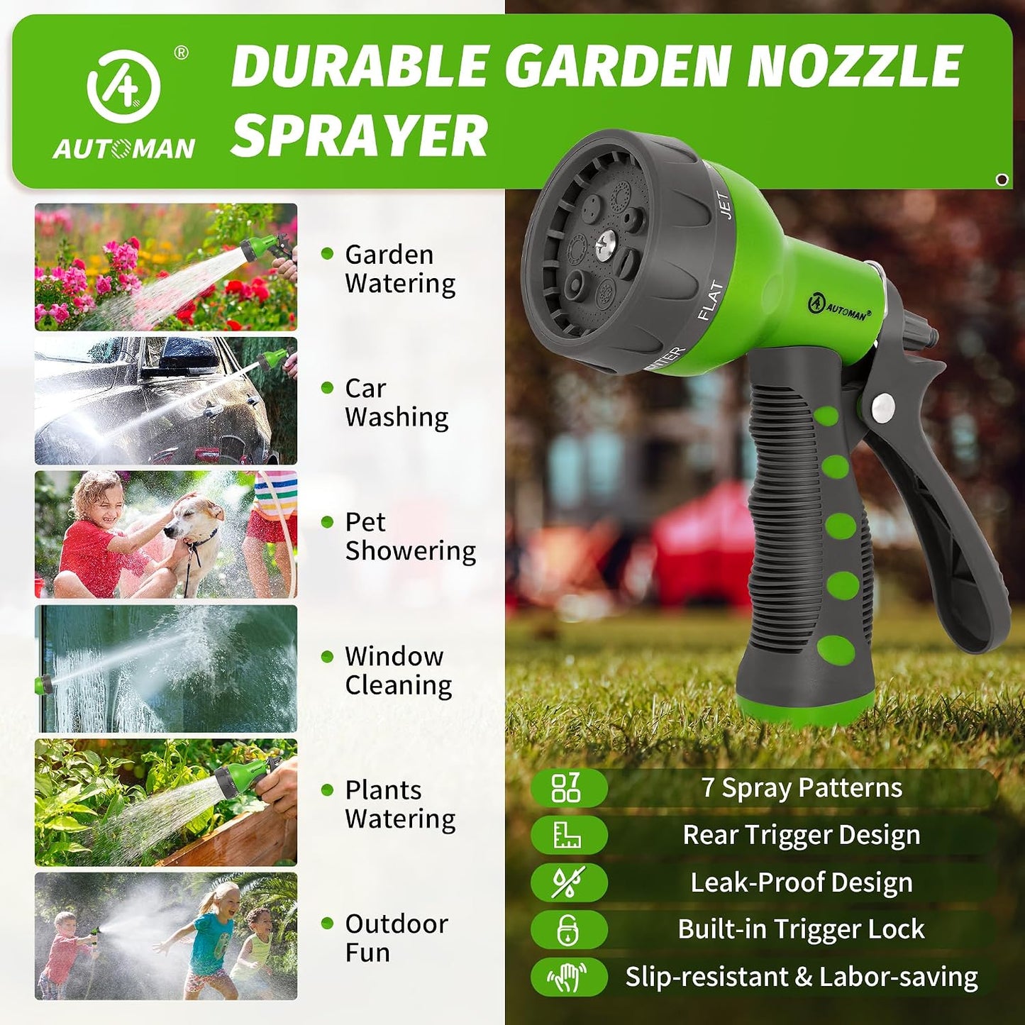 AUTOMAN Garden Hose Nozzle - 2 Pack, 100% Metal High Pressure Spray Nozzle, Labor-Saving Design, Heavy Duty for Garden Watering, Car Washing, Window Cleaning, Pets Bathing