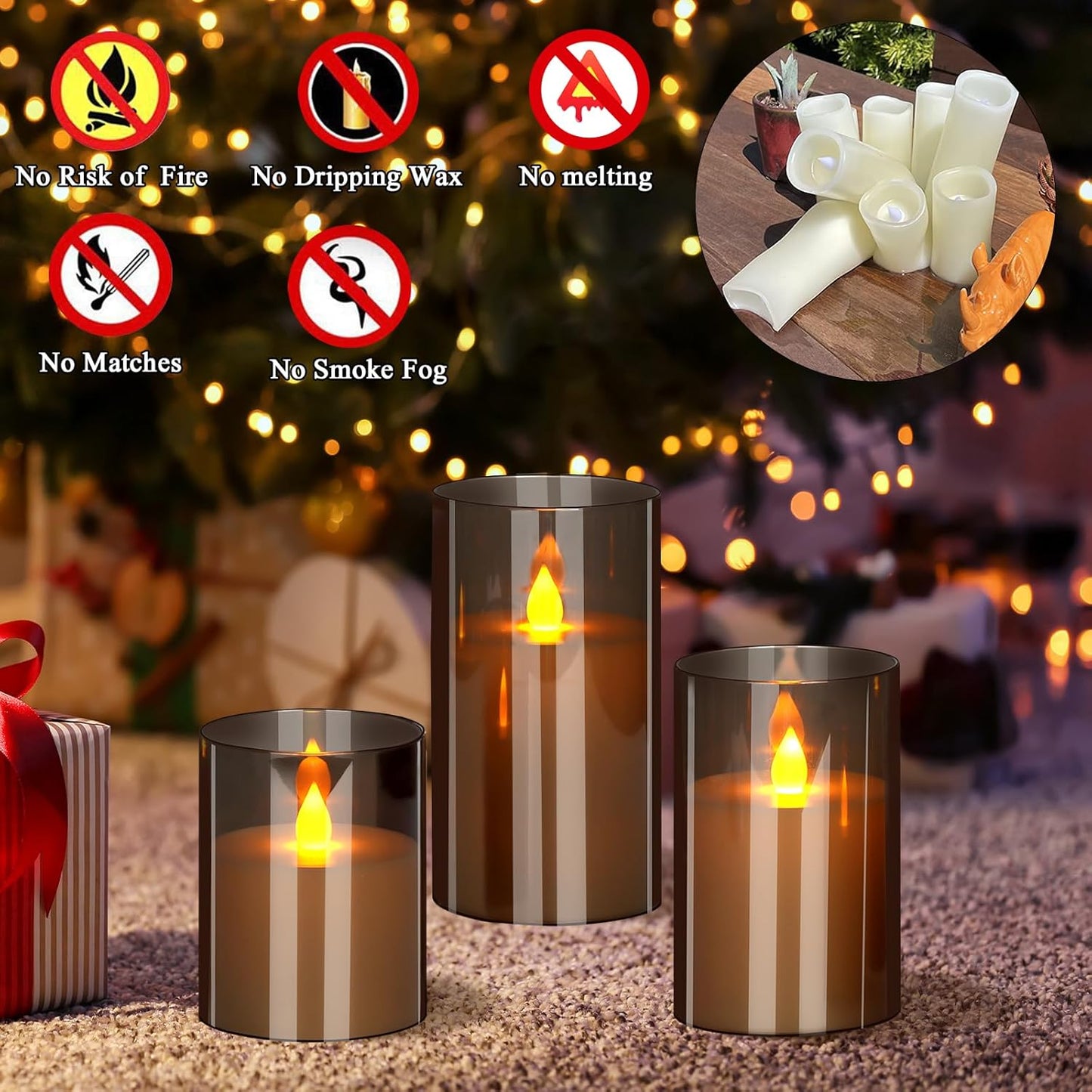 wemarry Flameless Candles 4" 5" 6" Acrylic Glass Pillars 3" Diameter Battery Operated Flickering Candles Include 8-Key Remote with Timer Function 400+ Hours (Amber, Warm Light 3 Pack)