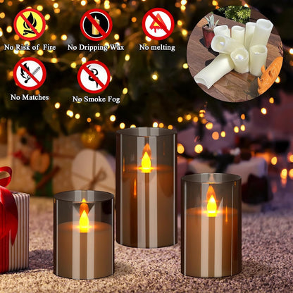 wemarry Flameless Candles 4" 5" 6" Acrylic Glass Pillars 3" Diameter Battery Operated Flickering Candles Include 8-Key Remote with Timer Function 400+ Hours (Amber, Warm Light 3 Pack)