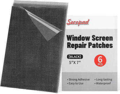 Secopad 5" x 7" Black/Grey Screen Repair Kit, 6 PCS Window Screen Patch Repair Tape for Mesh Window Door, Strong Adhesive Fiberglass Mesh Pacth Tape