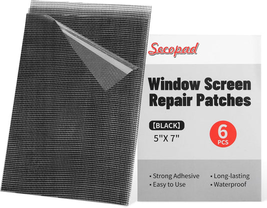 Secopad 5" x 7" Black/Grey Screen Repair Kit, 6 PCS Window Screen Patch Repair Tape for Mesh Window Door, Strong Adhesive Fiberglass Mesh Pacth Tape