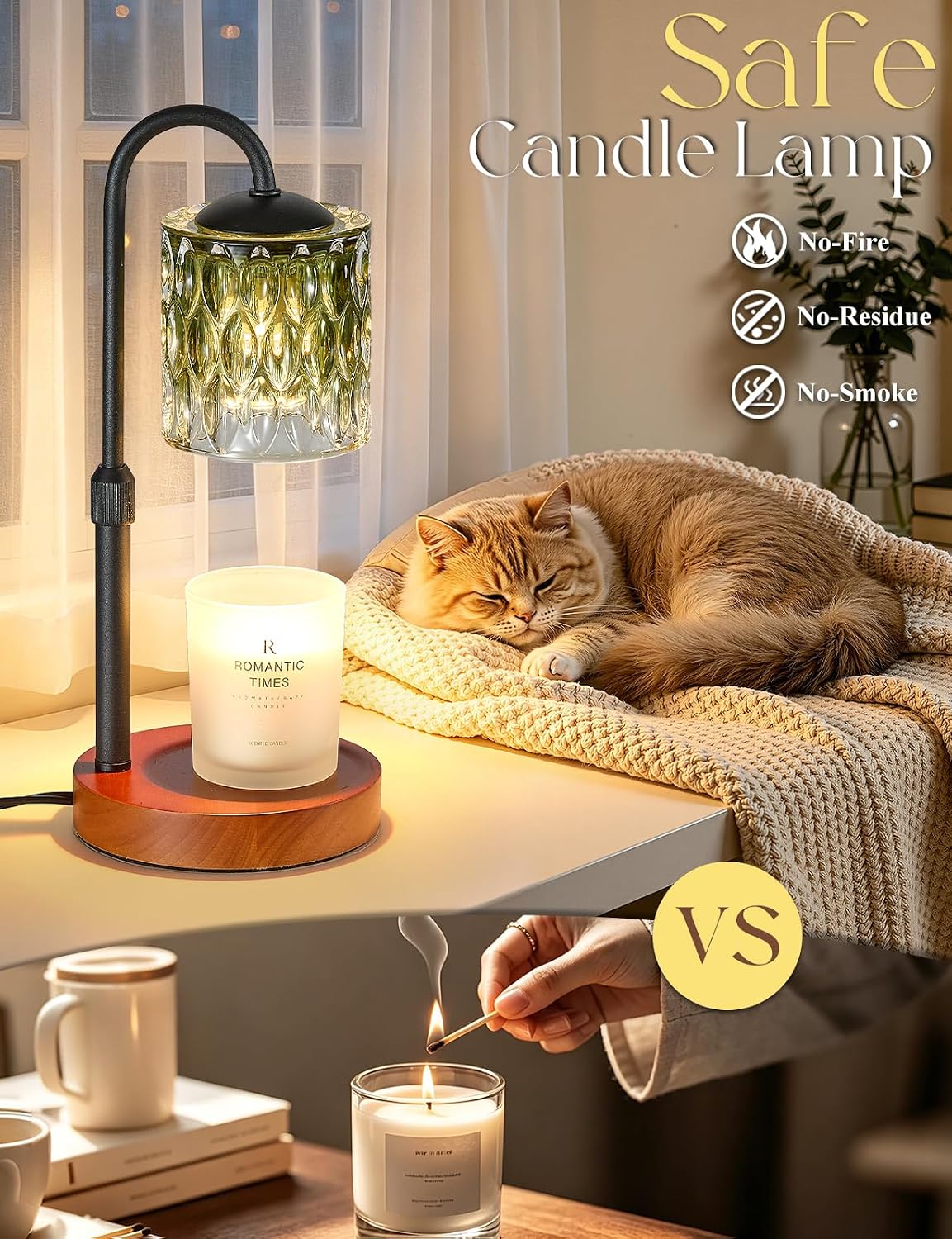 Briever Dimmable Candle Warmer Lamp with Timer, Height Adjustable Electric Candle Wax Warmer, Christmas Birthday Gifts for Women Mom, House Warming Gifts New Home Room Decor, Walnut Solid Wood Base