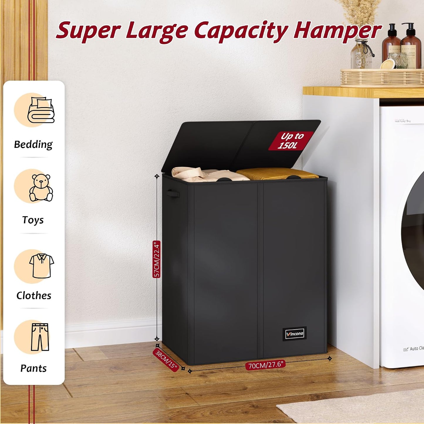 195L Laundry Hamper 3 Section,Large Laundry Hamper with Lid,Dirty Clothes Hamper with 3 Inner Bags,Collapsible Laundry Basket Organizer for Laundry Room,Bedroom,Laundry Sorter Hamper 3 Compartment