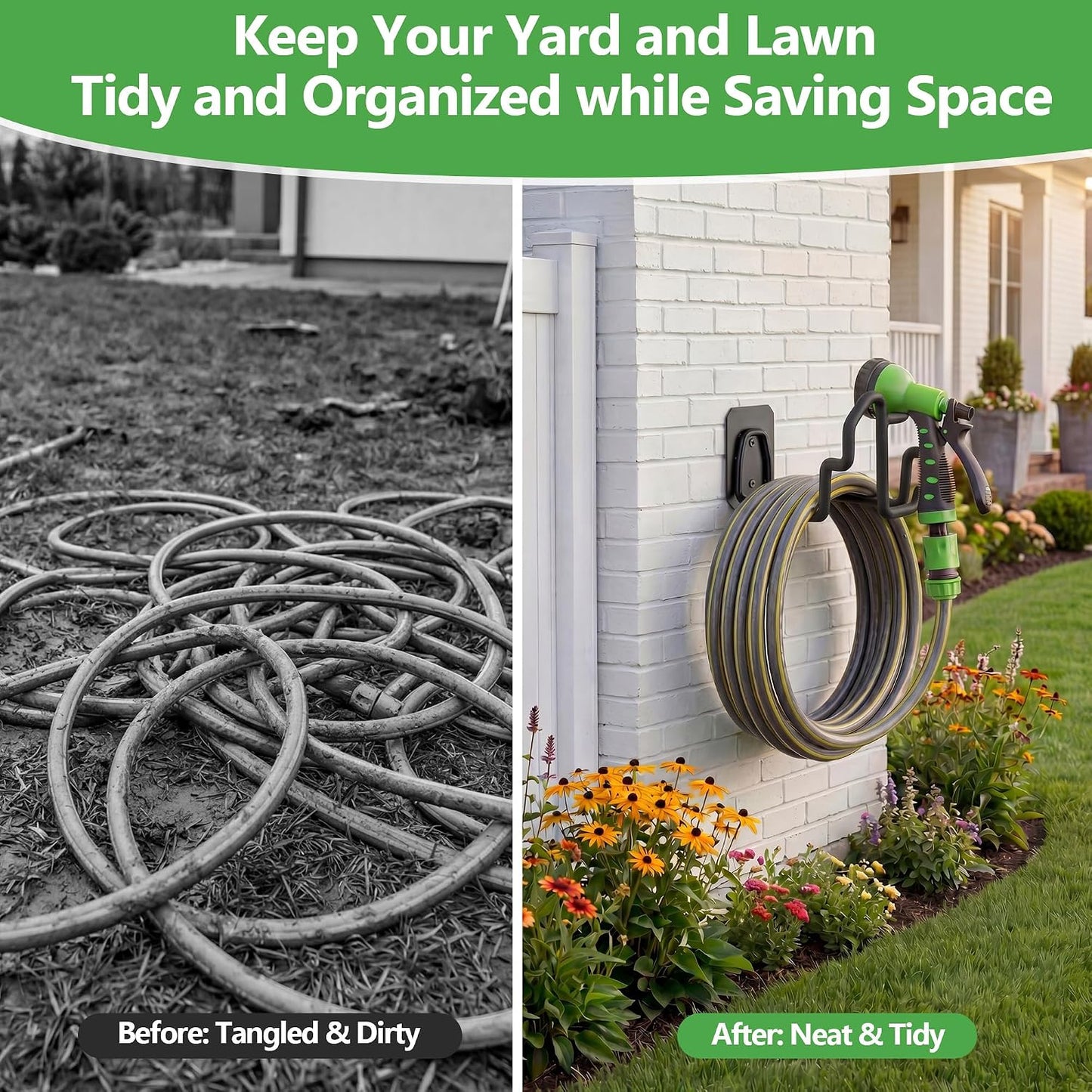 Heavy Duty Garden Hose Holder Wall Mount - Gloss Black Rust-Resistant Metal Hanger with Nozzle Slot, PVC Coated for Indoor/Outdoor Use