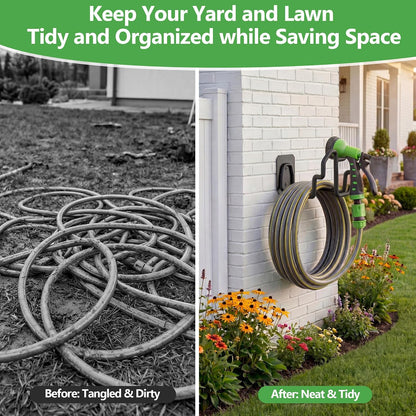 Heavy Duty Garden Hose Holder Wall Mount - Gloss Black Rust-Resistant Metal Hanger with Nozzle Slot, PVC Coated for Indoor/Outdoor Use