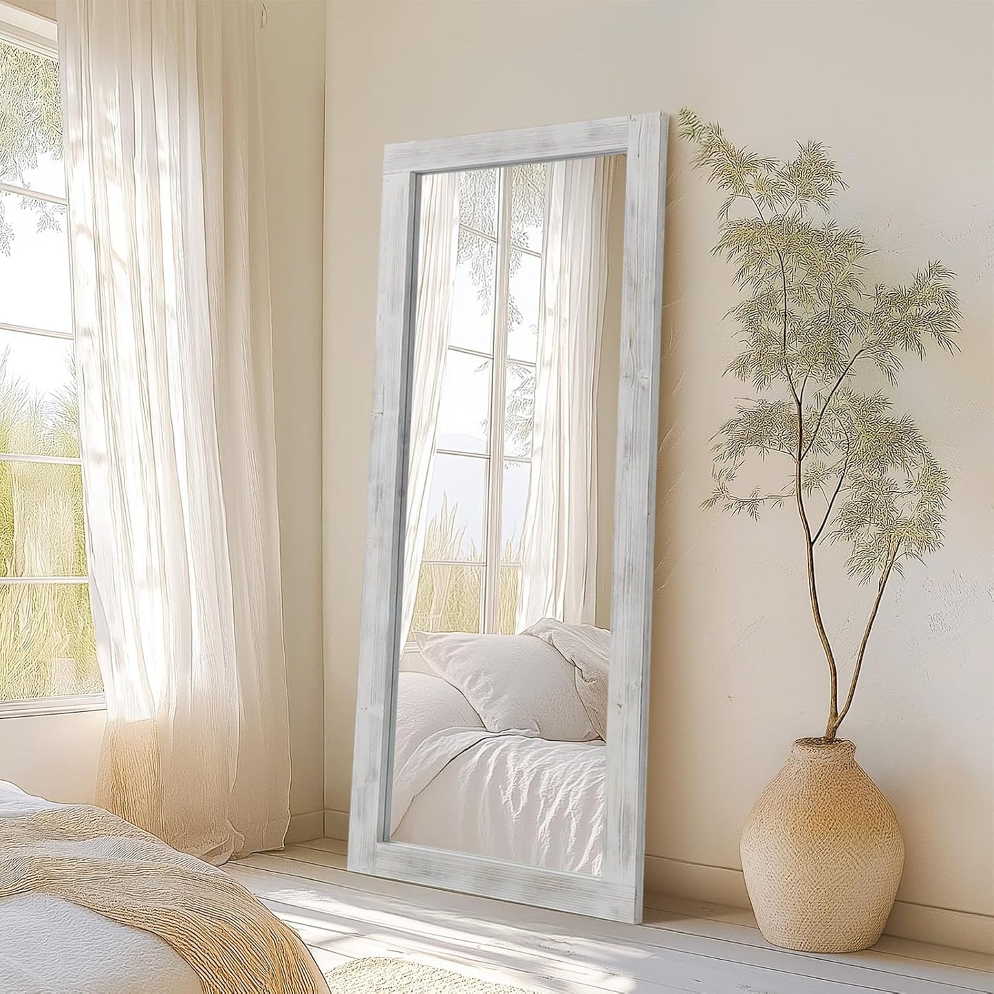 Rustic Standing Full Length Mirror Wood Frame, 56"X21" Farmhouse Floor Mirror for Bedroom Living Room Entryway, Hanging or Leaning Wall-Mounted Full Body Mirror, Tempered Glass, White