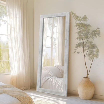 Rustic Standing Full Length Mirror Wood Frame, 56"X21" Farmhouse Floor Mirror for Bedroom Living Room Entryway, Hanging or Leaning Wall-Mounted Full Body Mirror, Tempered Glass, White