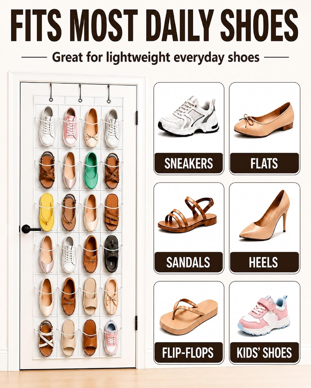 Over the Door Shoe Organizer with 24 Crystal Clear Pockets and Metal Hooks – Heavy Duty Hanging Shoe Storage Rack for Closet, Bathroom, Dorm – Space Saving for Shoes, Accessories, Toys (White)