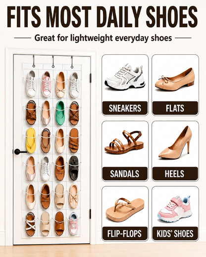 Over the Door Shoe Organizer with 24 Crystal Clear Pockets and Metal Hooks – Heavy Duty Hanging Shoe Storage Rack for Closet, Bathroom, Dorm – Space Saving for Shoes, Accessories, Toys (White)