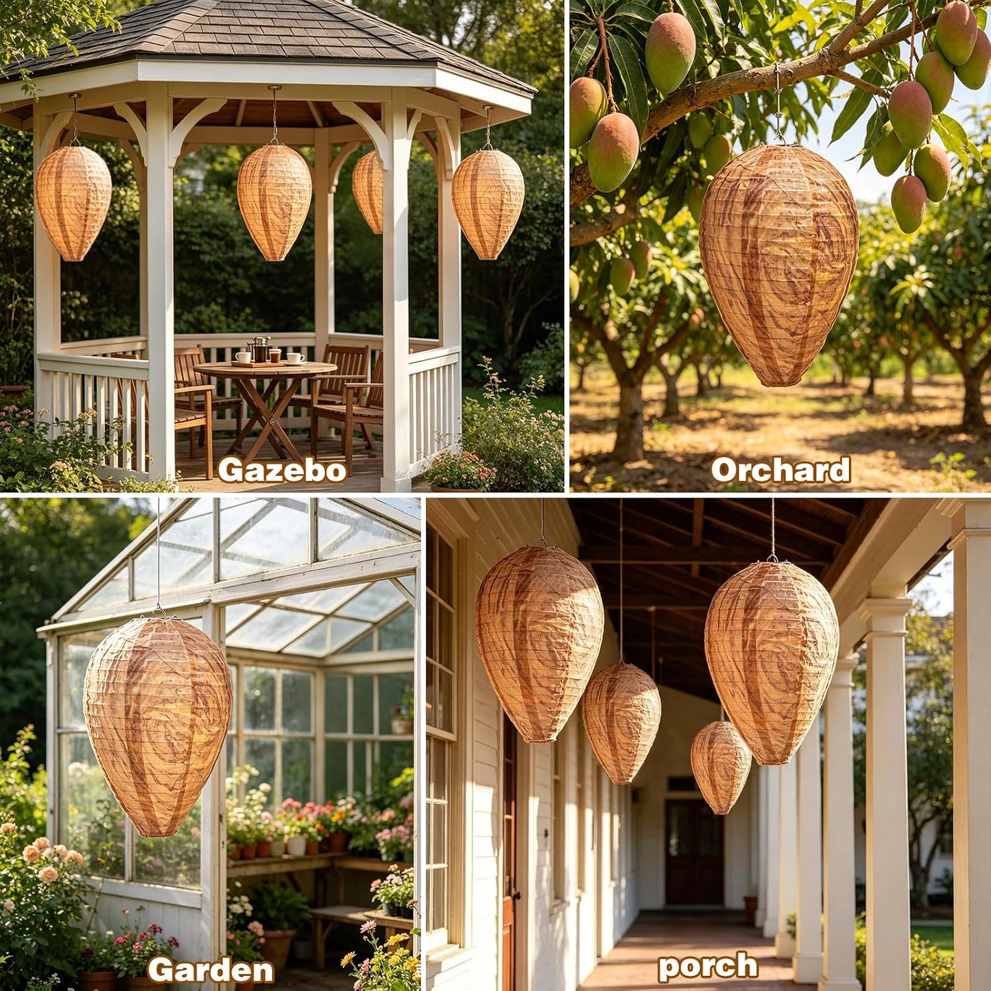 Fake Wasp Nest 4 Pack, Upgraded Waterproof Wasp Nest Decoy Outdoor Hanging, Realistic Artificial Hornet Nests with Stainless Steel Frame for Patio, Porch, Garden, Backyard, Under Eaves