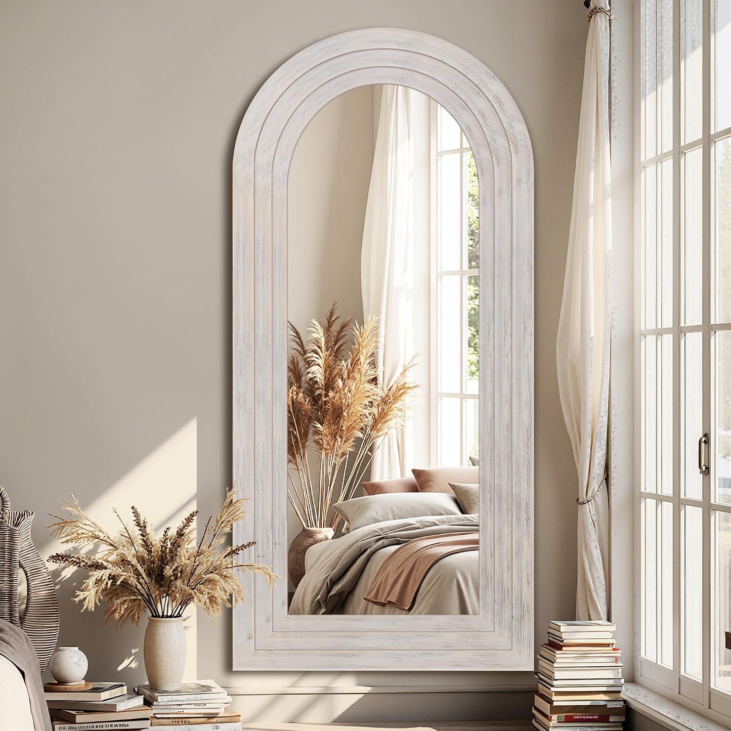 Antok Full Length Mirror with Solid Wood Frame, 71"×32" Wall Mounted Oversized Floor Mirror with Stand, Leaning Standing Hanging for Bedroom Living Room Entryway, Walnut, Arched Syle
