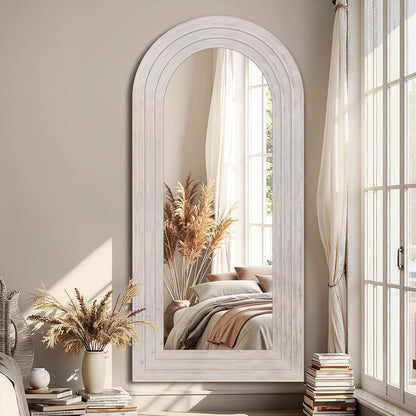 Antok Full Length Mirror with Solid Wood Frame, 71"×32" Wall Mounted Oversized Floor Mirror with Stand, Leaning Standing Hanging for Bedroom Living Room Entryway, Walnut, Arched Syle
