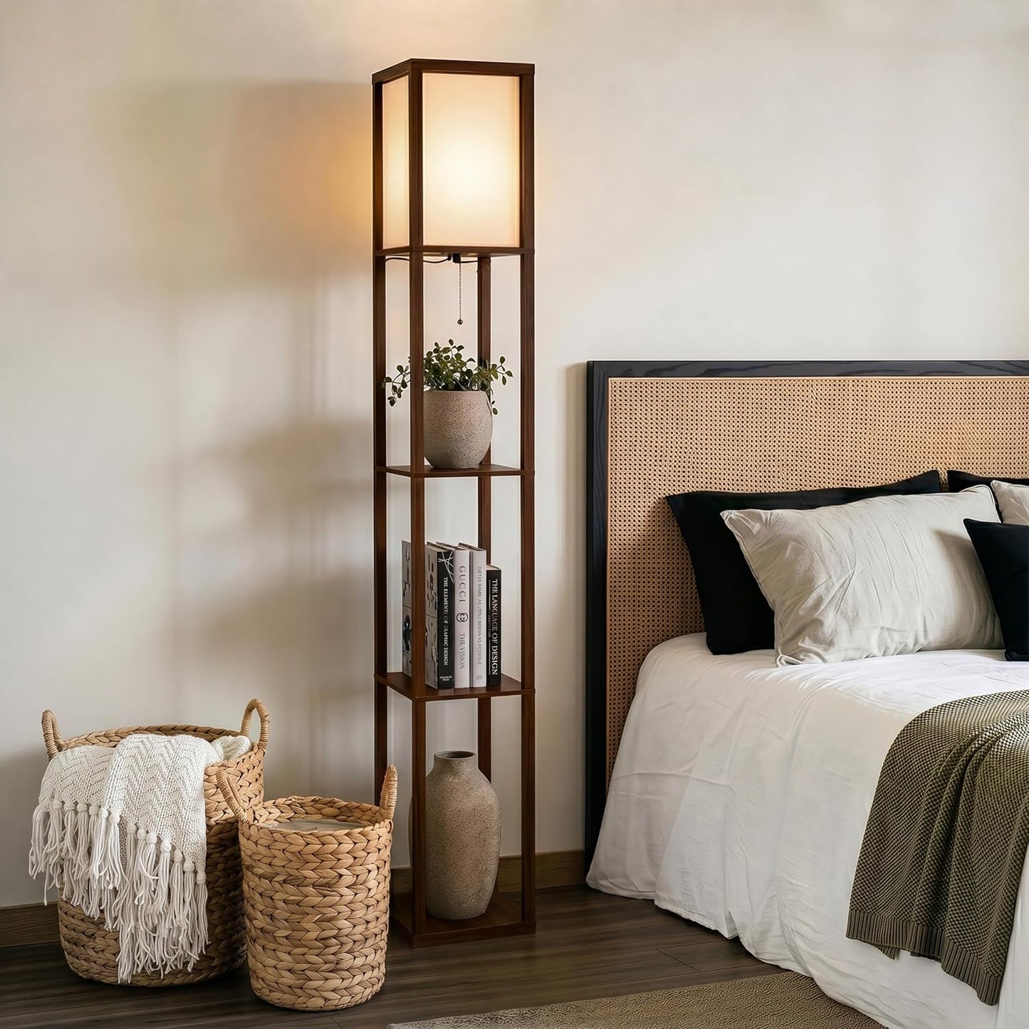 Brightech Maxwell - Modern Shelf Floor Lamp with Lamp Shade & Warm White LED Bulb, Corner Display Floor Lamp with Shelves for Living Room, Bedroom, Nightstand Office, Home Decor Storage - Natural Wood