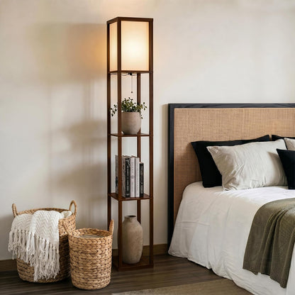 Brightech Maxwell - Modern Shelf Floor Lamp with Lamp Shade & Warm White LED Bulb, Corner Display Floor Lamp with Shelves for Living Room, Bedroom, Nightstand Office, Home Decor Storage - Natural Wood