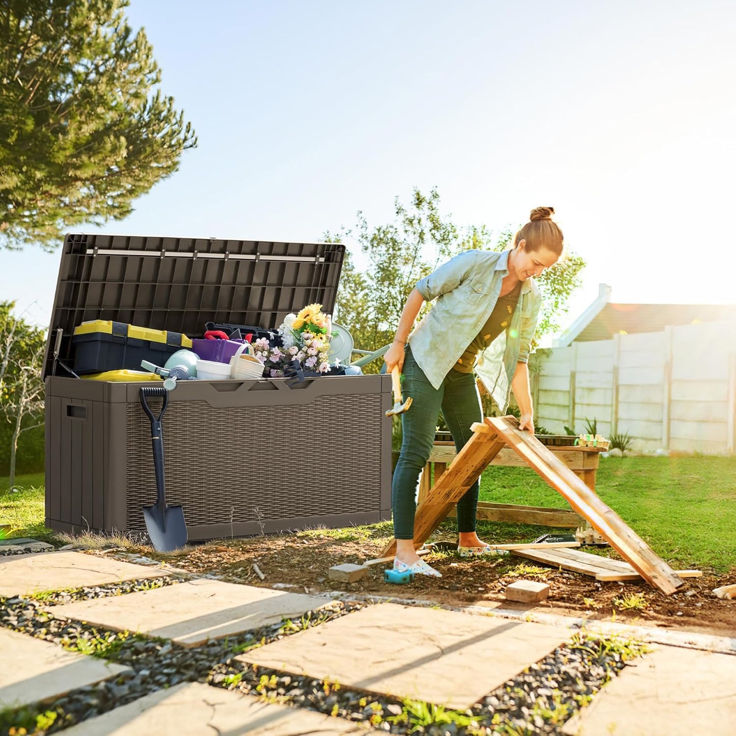 Greesum Outdoor Storage Box 31 Gallon Storage Box with Lid for Patio Furniture, Garden Tools, Pool Supplies, Waterproof and UV Resistant, Lockable, Dark Black