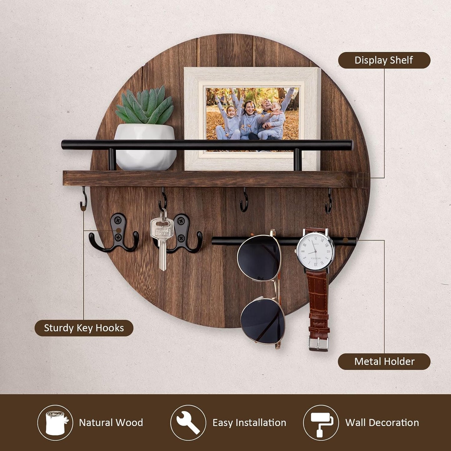 Nekon Key Holder Wall Mount, 11.8 Inch Rack With Shelf and 6 Hooks, Rustic Mail Organizer, Circular Wooden Hanger for Entryway Hallway Kitchen (Brown&Gold)