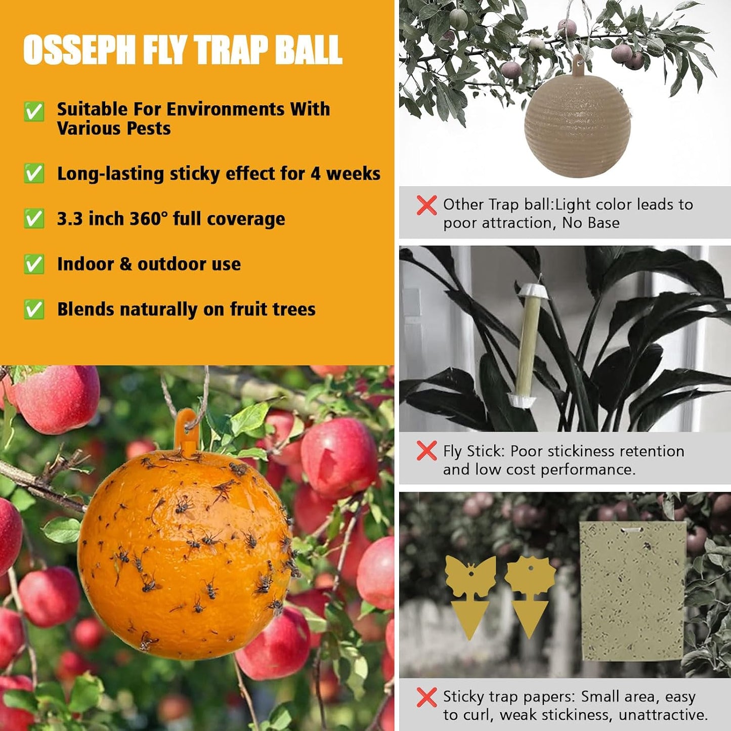 Sticky Insect Trap Ball Osseph Fruit Fly Trap Balls for Indoor Outdoor | Physical Sticky Hanging Bug Ball Catches Flie Gnat Mosquitoe Flying Insects 6pack (Green)