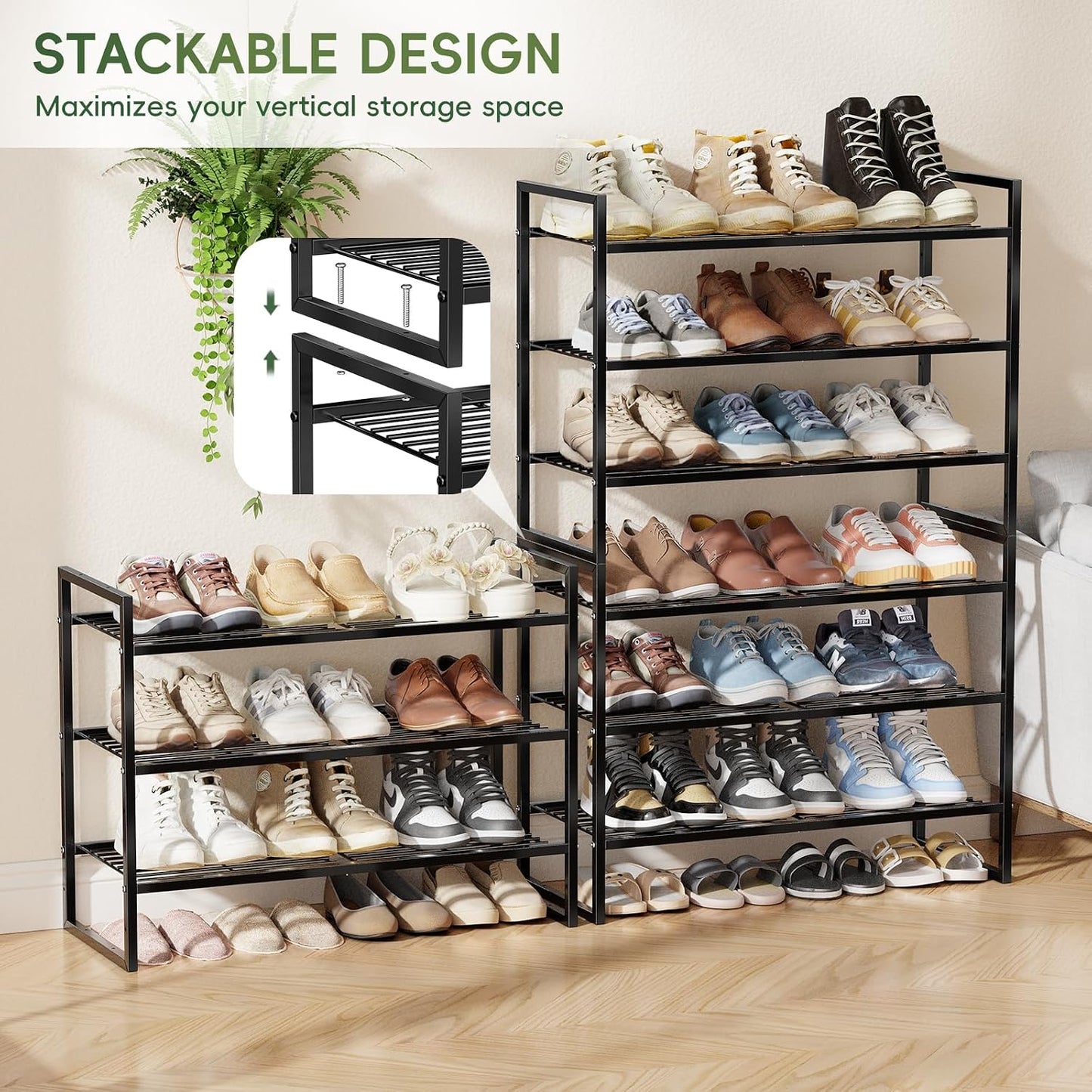 5-Tier Wide Shoe Rack, Metal Shoe Organizer for Closet, Stackable Freestanding Shoe Storage Shelf with Sturdy Wire Grid, Large Capacity Durable Shoe Rack for Entryway Bedroom, Black