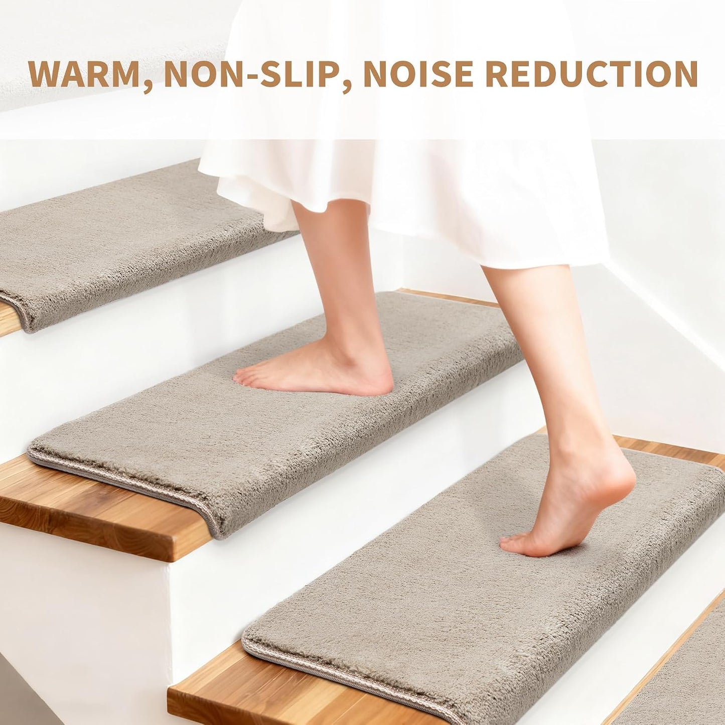 Bullnose Stair Treads Non Slip 9.5" x 32", 14 Pcs Ultra Plush Carpet Stair Treads for Wooden Steps Indoor with Edge Protection, Reusable Peel and Stick TPU Backing Stair Runner Rugs - Beige Gray