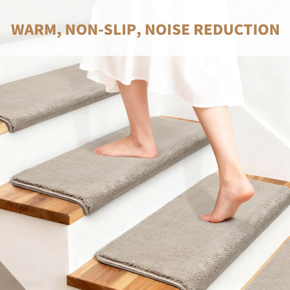 Bullnose Stair Treads Non Slip 9.5" x 32", 14 Pcs Ultra Plush Carpet Stair Treads for Wooden Steps Indoor with Edge Protection, Reusable Peel and Stick TPU Backing Stair Runner Rugs - Beige Gray