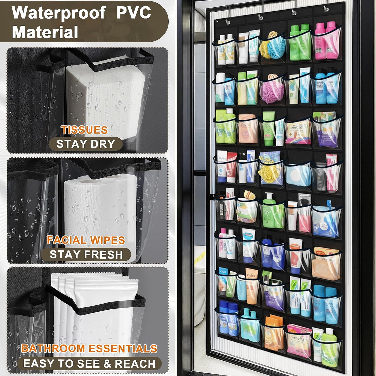 40 Pockets Over the Door Shoe Organizer – Waterproof Hanging Shoe Holder for Closet & Bathroom – Space-Saving Clear PVC Door Shoe Rack for Shoes, Toys, Toiletries & Snacks (White)