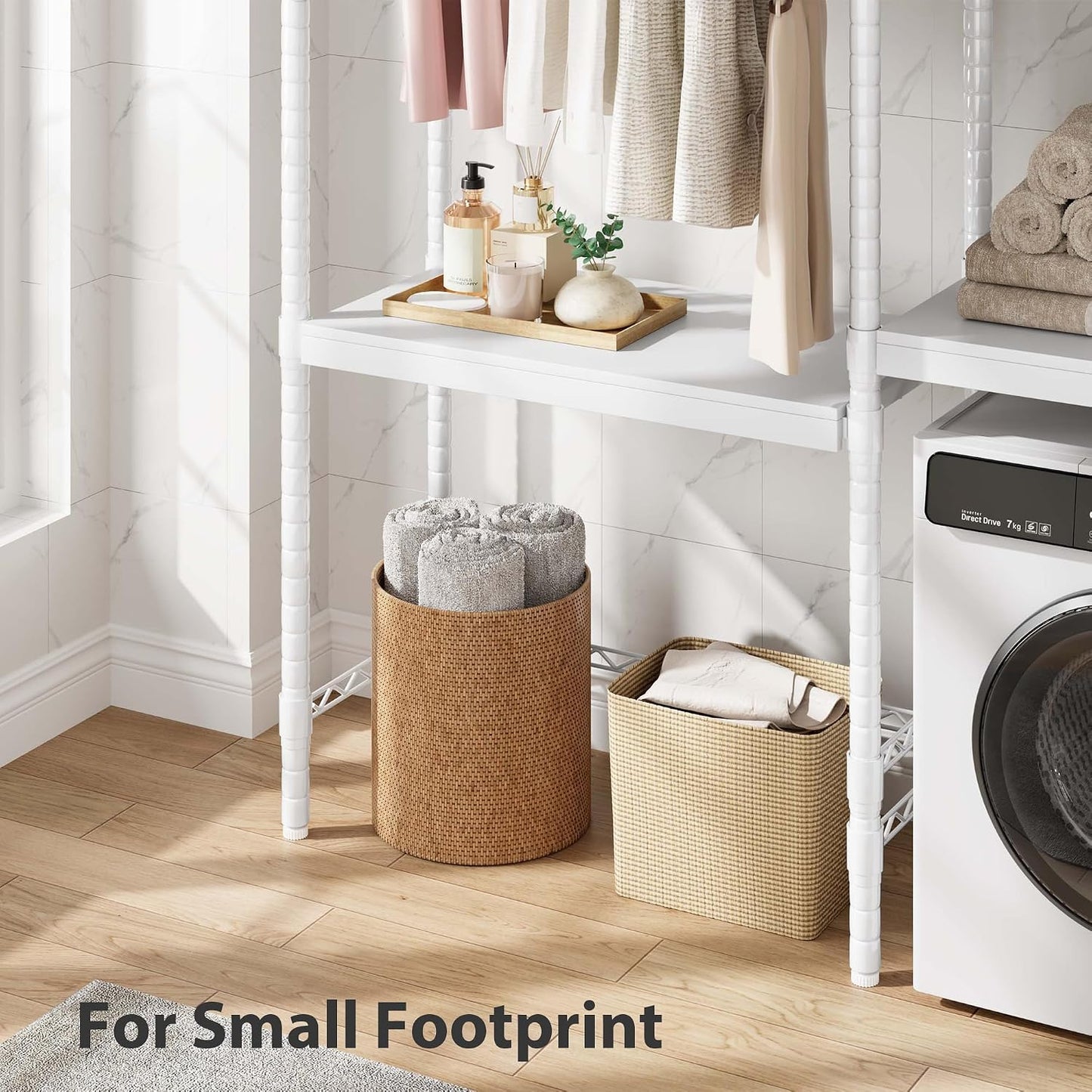 GarveeHome 5-Tier Over-The-Washer Storage Shelf - Adjustable Height Laundry Organizer with Double-Layer Wood Shelves, Space-Saving Design for Laundry Room (White, 28 in)